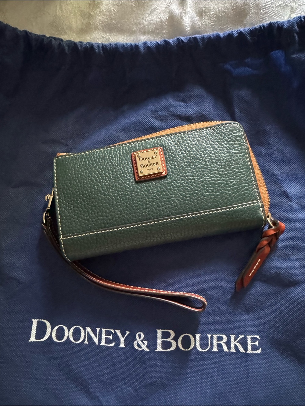 Dooney & Bourke Forest Green Pebbled Leather Wristlet with Tan Trim